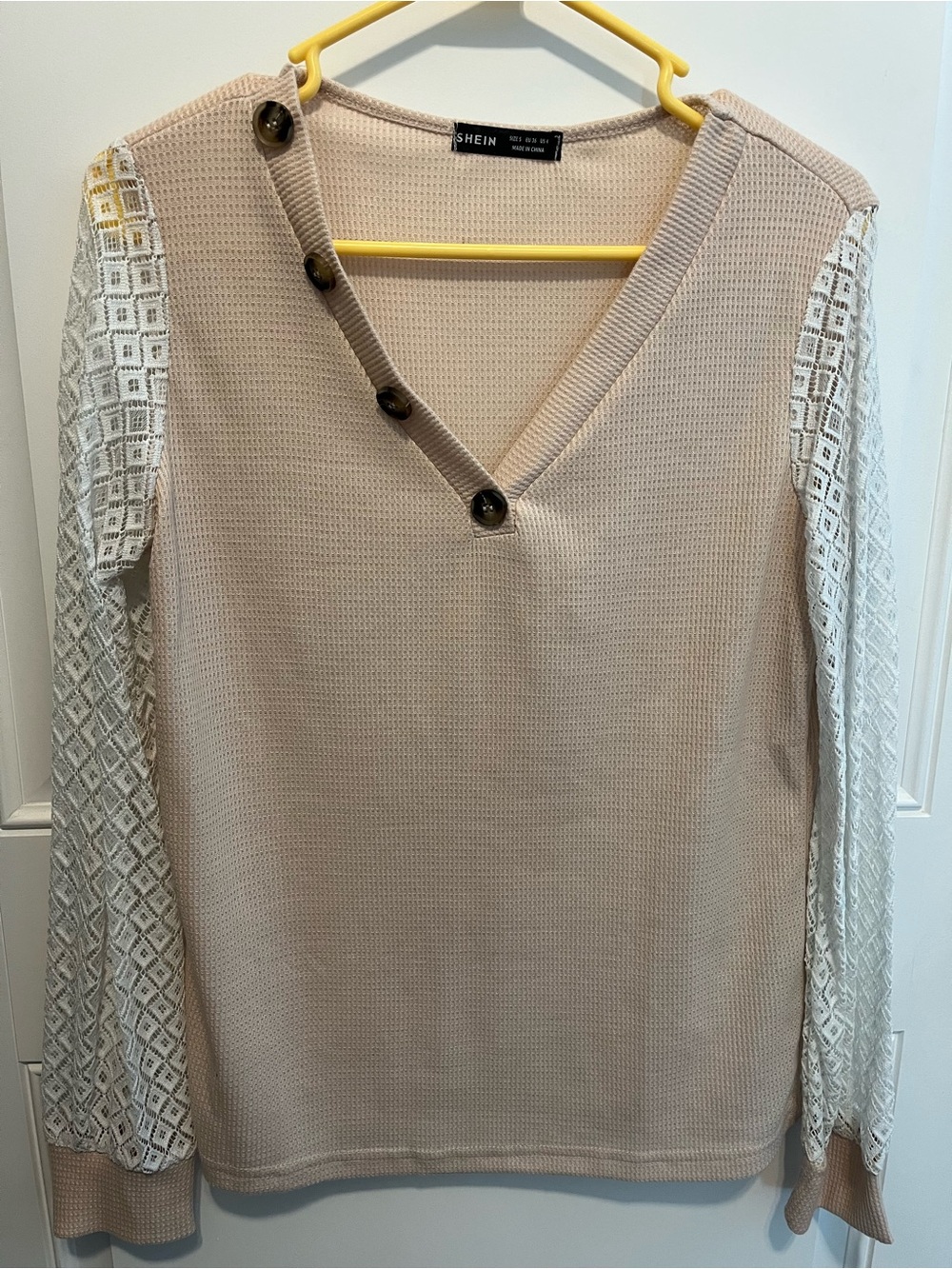 SHEIN Beige Knit V-Neck Top with White Lace Sleeves